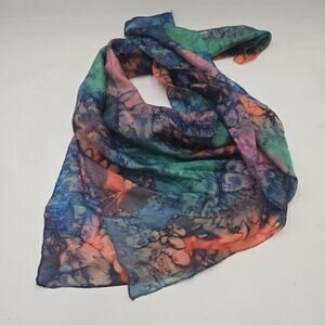 Vintage Scarf Silk, hand-painted Orange Green Blue 35" Square Artisan Chic